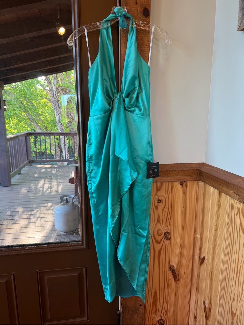 Lulu's Teal Satin Dress Backless, buttons around neck k, slit up front NWT